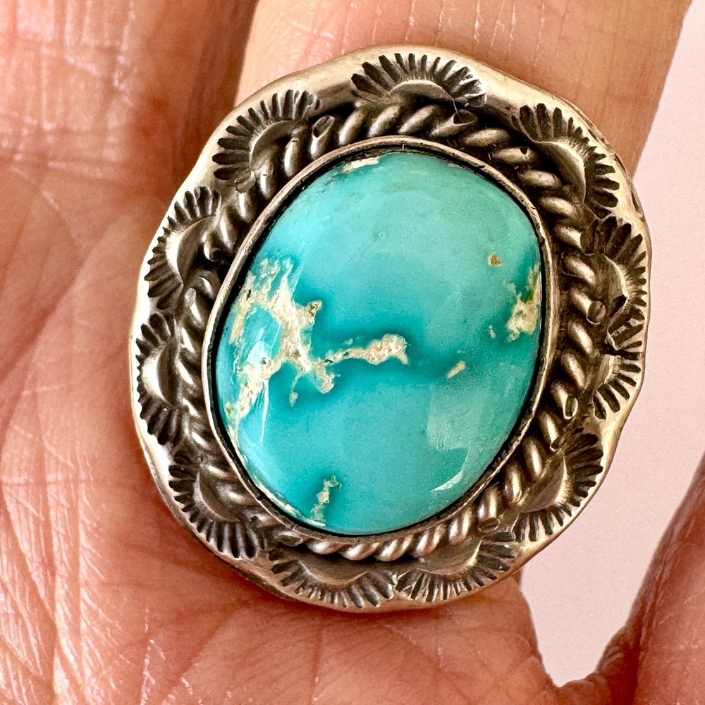 Navajo Sonoran Gold Turquoise Ring Sz 7 Sterling Signed‎ R Sun Stamp Native